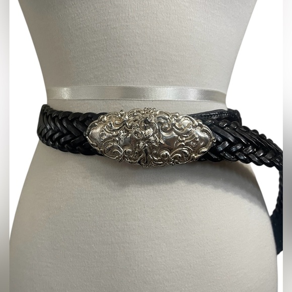 Accessories - VTG Black Braided Leather Belt with Ornate Angel Cherub Silver Buckle